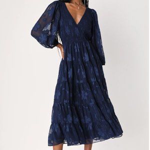 Lulus Blissful Darling Navy Blue Burnout Floral Jacquard Midi Dress